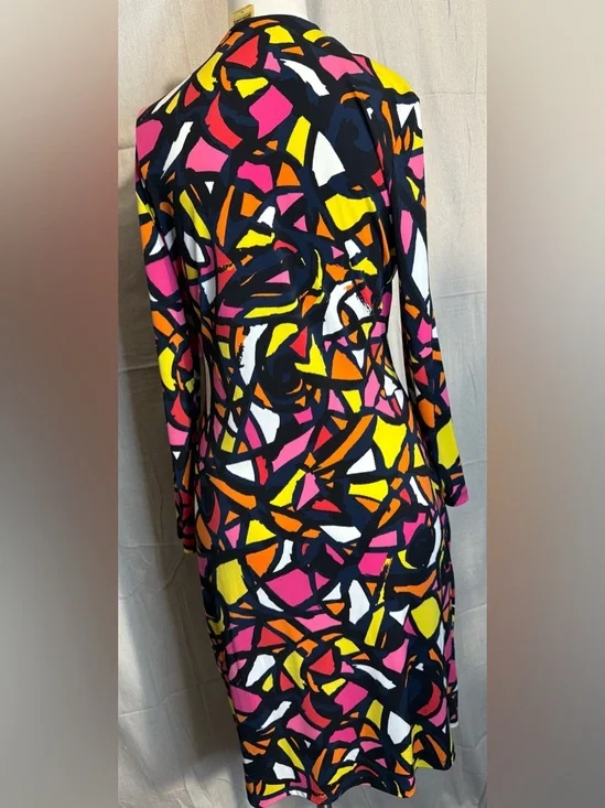 Anne Klein Black Multicolor Abstract Faux-Wrap Long Sleeve Dress Sz L PTP 23 - Picture 4 of 4